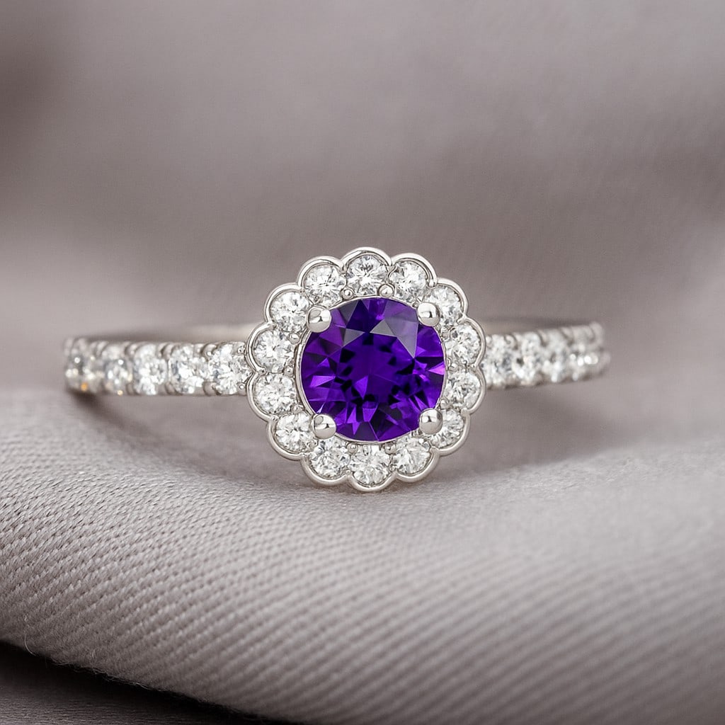 Natural Amethyst Gemstone & Lab Grown Diamonds Silver Ring: Natural Amethyst Gemstone & Lab Grown Diamonds Silver Ring Jewelry Type : Ring Gemstone : Natural Amethyst Gemstone Shape : Round Gemstone Size : 5x5 MM Gemstone Quantity : 1 Piece Diamond T