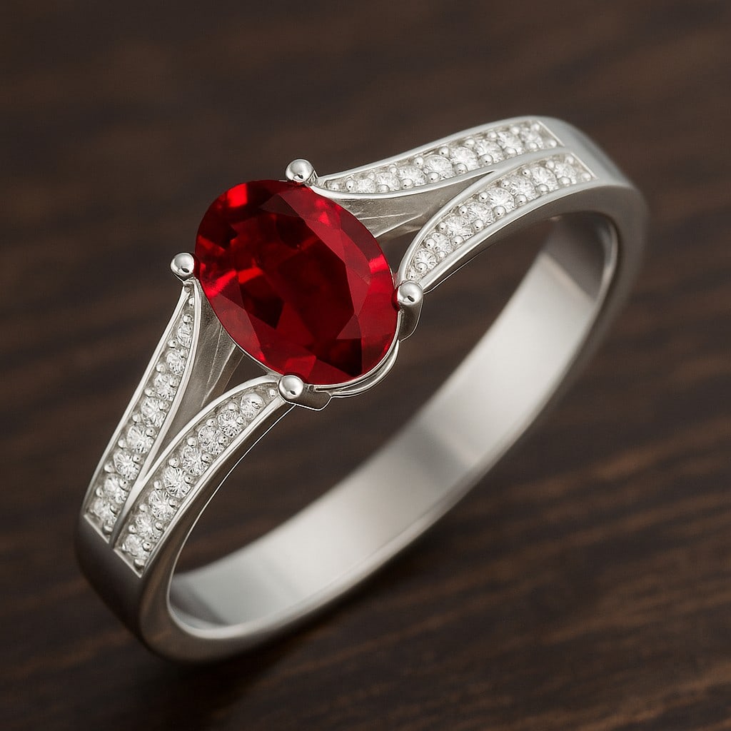 Natural Ruby Gemstone & Lab Grown Diamonds Silver Ring: Natural Ruby Gemstone & Lab Grown Diamonds Silver Ring Jewelry Type : Ring Gemstone : Natural Ruby Gemstone Shape : Oval Gemstone Size : 7x5 MM Gemstone Quantity : 1 Piece Diamond Type :