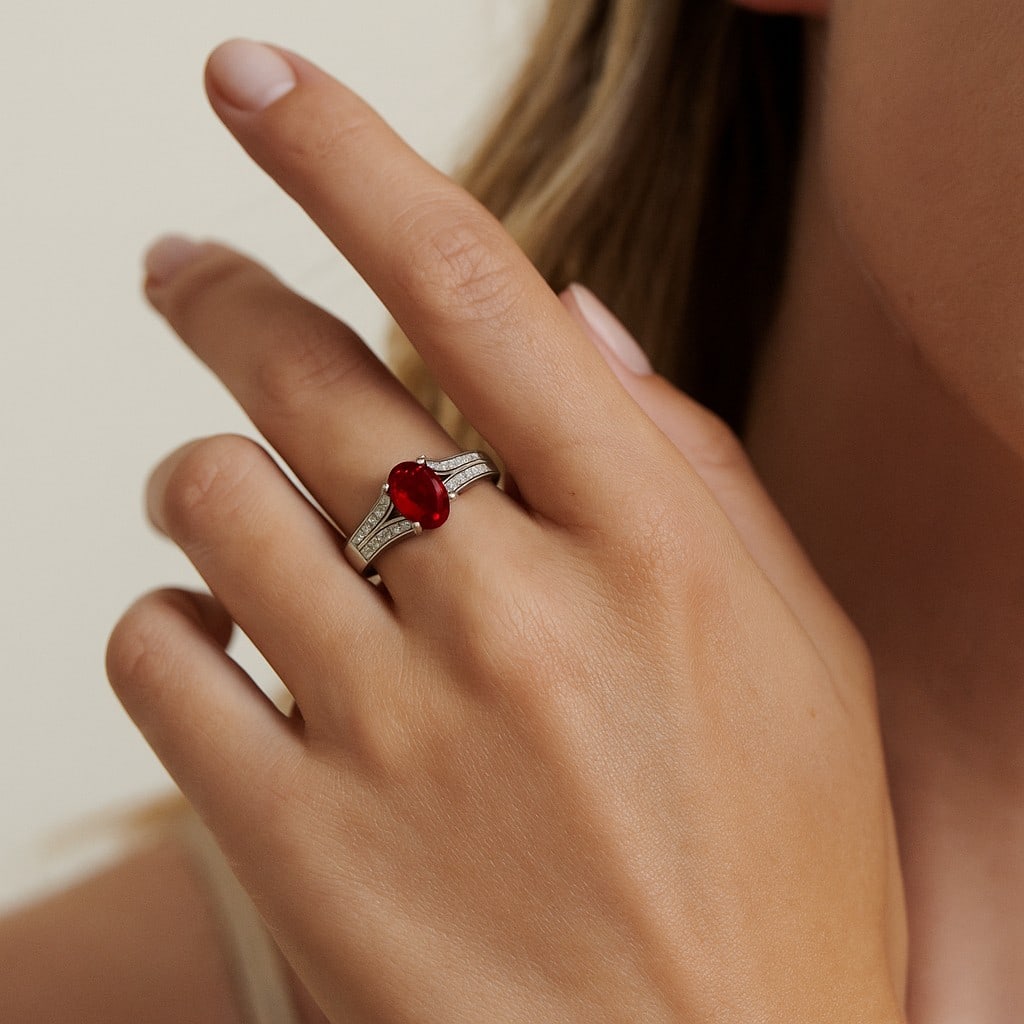 Natural Ruby Gemstone & Lab Grown Diamonds Silver Ring - 3