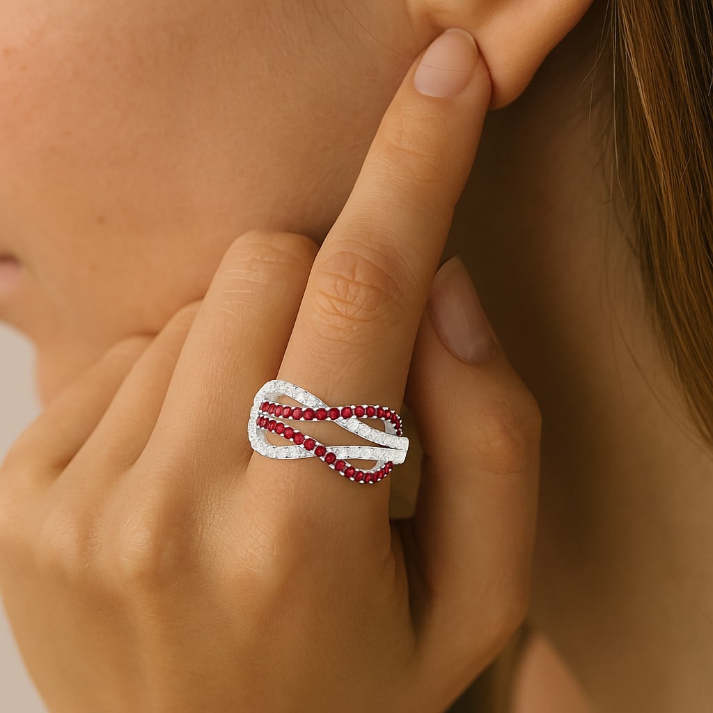 Natural Ruby Gemstone & Lab Grown Diamonds Silver Ring - 3