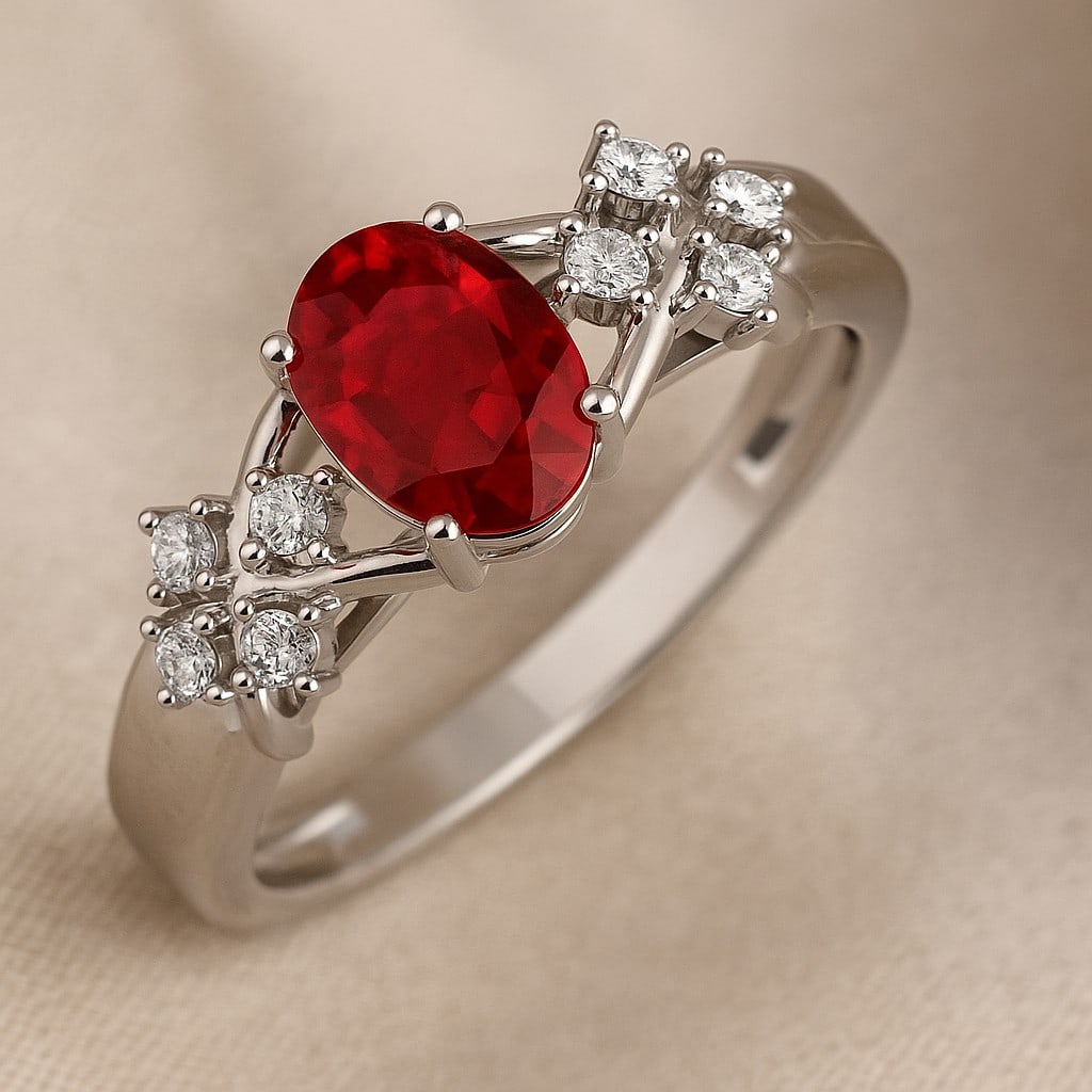 Natural Ruby Gemstone & Lab Grown Diamonds Silver Ring: Natural Ruby Gemstone & Lab Grown Diamonds Silver Ring Jewelry Type : Ring Gemstone : Natural Ruby Gemstone Shape : Oval Gemstone Size : 8x6 MM Gemstone Quantity : 1 Piece Diamond Type :