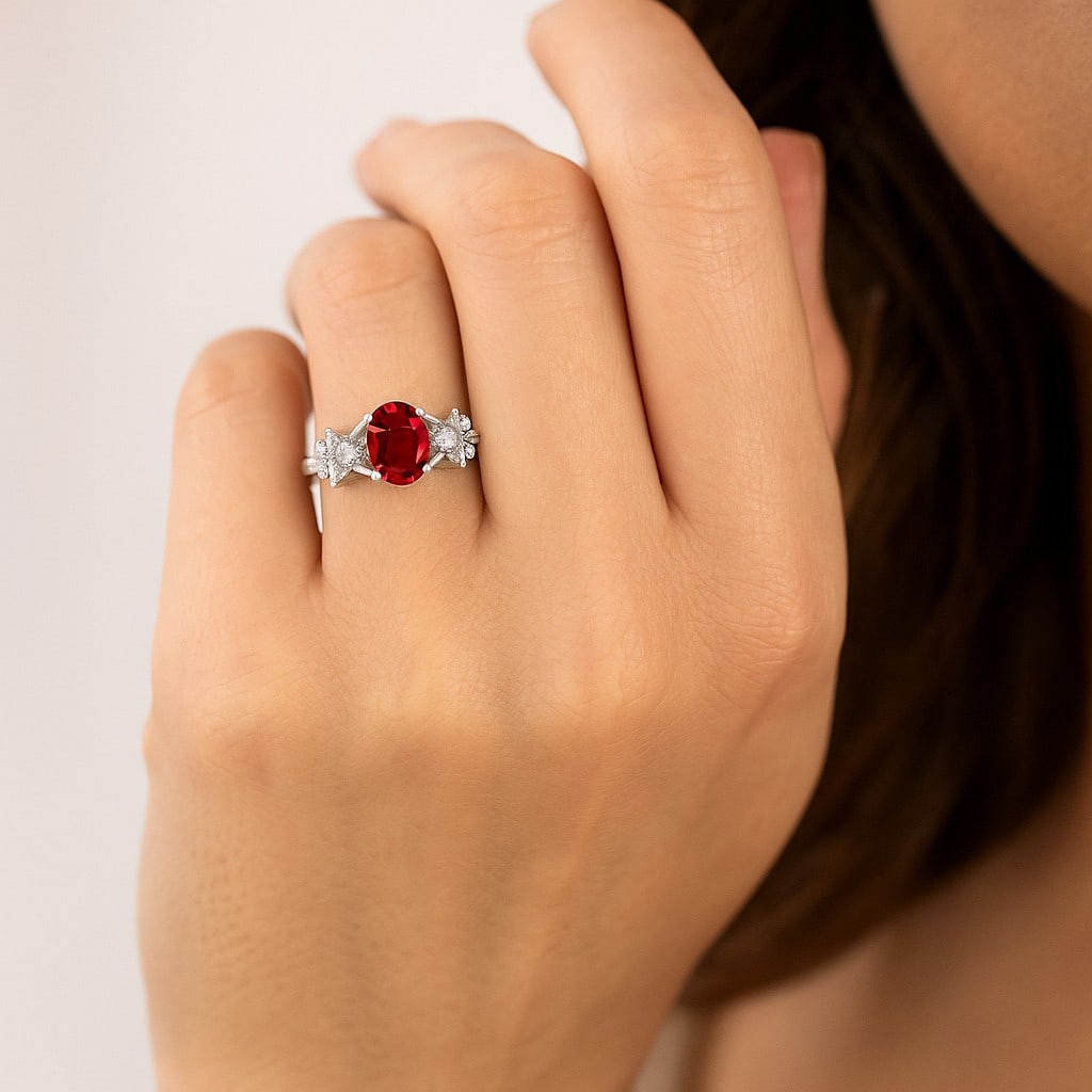 Natural Ruby Gemstone & Lab Grown Diamonds Silver Ring - 3