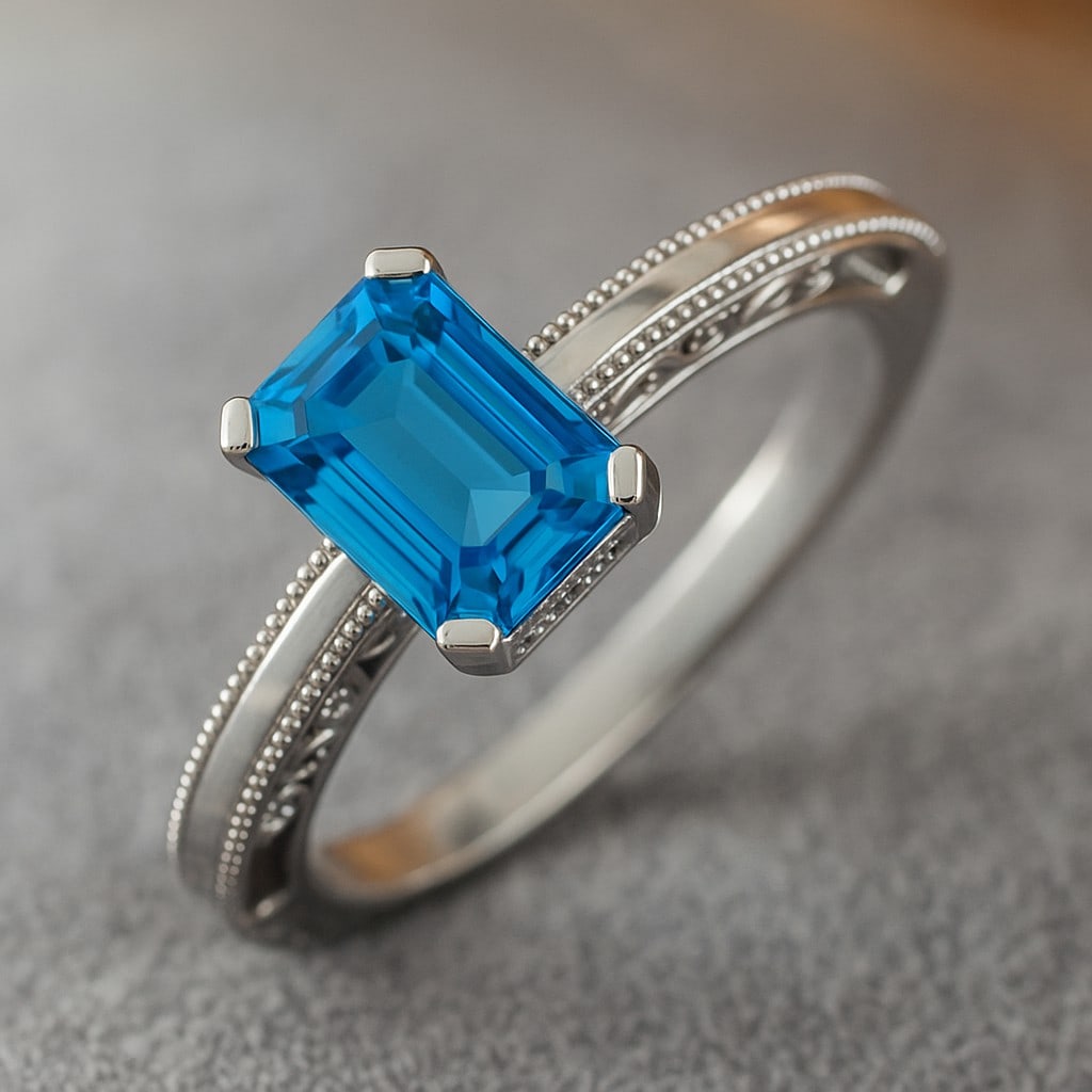 Natural Swiss Blue Topaz Gemstone 92.5 Sterling Silver Ring: Natural Swiss Blue Topaz Gemstone 92.5 Sterling Silver Ring Jewelry Type : Ring Gemstone : Natural Swiss Blue Topaz Gemstone Shape : Emerald Gemstone Size : 8x6 MM Gemstone Quantity : 1 Piece