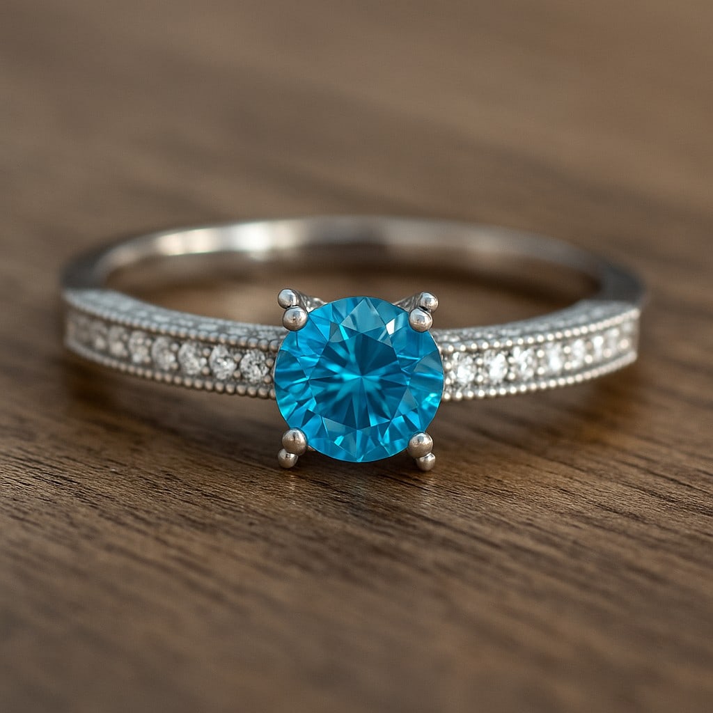 Natural swiss Blue Topaz Gemstone & Lab Grown Diamonds Silver Ring: Natural swiss Blue Topaz Gemstone & Lab Grown Diamonds Silver Ring Jewelry Type : Ring Gemstone : Natural swiss Blue Topaz Gemstone Shape : Round Gemstone Size : 5 MM Gemstone Quantity : 1 Piece