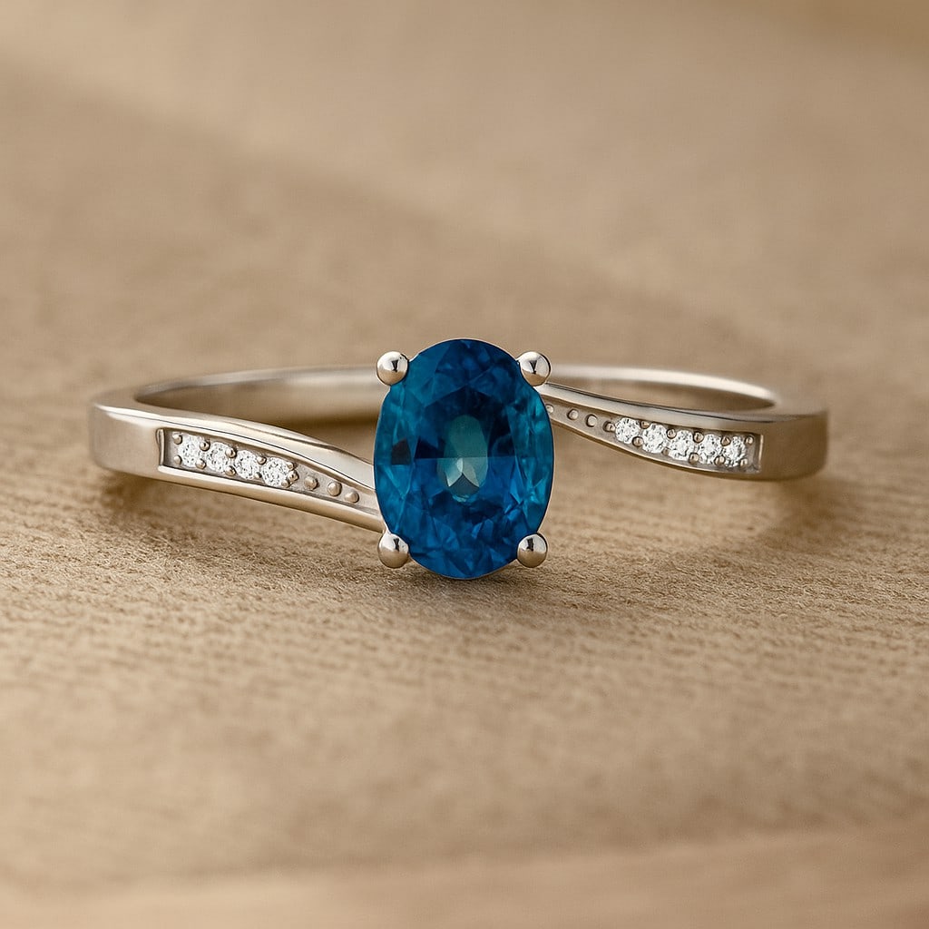 Natural Swiss Blue Topaz Gemstone & Lab Grown Diamonds Silver Ring: Natural Swiss Blue Topaz Gemstone & Lab Grown Diamonds Silver Ring Jewelry Type : Ring Gemstone : Natural Swiss Blue Topaz Gemstone Shape : Oval Gemstone Size : 7x5 MM Gemstone Quantity : 1 Piece</