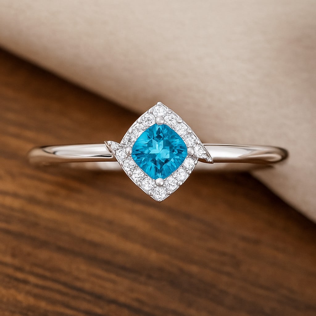 Natural Swiss Blue Topaz Gemstone & Lab Grown Diamonds Silver Ring: Natural Swiss Blue Topaz Gemstone & Lab Grown Diamonds Silver Ring Jewelry Type : Ring Gemstone : Natural Swiss Blue Topaz Gemstone Shape : Cushion Square Gemstone Size : 4 MM Gemstone Quantity : 1