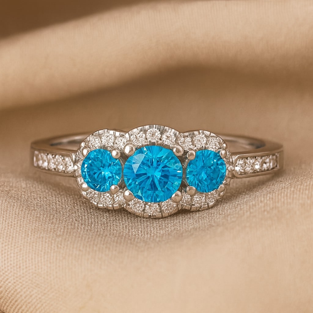 Natural Swiss Blue Topaz Gemstone & Lab Grown Diamonds Silver Ring: Natural Swiss Blue Topaz Gemstone & Lab Grown Diamonds Silver Ring Jewelry Type : Ring Gemstone : Natural Swiss Blue Topaz Gemstone Shape : Round Gemstone Size : 4 MM, 3MM Gemstone Quantity : 1 Pie