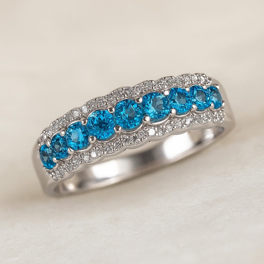 Natural Swiss Blue Topaz Gemstone & Lab Grown Diamonds Silver Ring: Natural Swiss Blue Topaz Gemstone & Lab Grown Diamonds Silver Ring Jewelry Type : Ring Gemstone : Natural Swiss Blue Topaz Gemstone Shape : Round Gemstone Size : 3 MM, 2.8 MM, 2.5 MM, 2.2 MM, 2 MM Gem