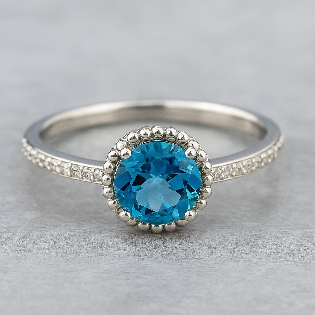 Natural Swiss Blue Topaz Gemstone & Lab Grown Diamonds Silver Ring: Natural Swiss Blue Topaz Gemstone & Lab Grown Diamonds Silver Ring Jewelry Type : Ring Gemstone : Natural Swiss Blue Topaz Gemstone Shape : Round Gemstone Size : 7 MM Gemstone Quantity : 1 Piece