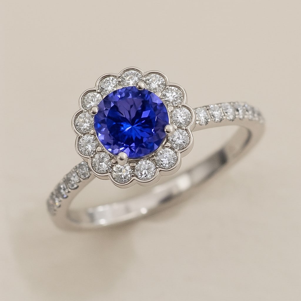 Natural Tanzanite Gemstone & Lab Grown Diamonds Silver Ring: Natural Tanzanite Gemstone & Lab Grown Diamonds Silver Ring Jewelry Type : Ring Gemstone : Natural Tanzanite Gemstone Shape : Round Gemstone Size : 7 MM Gemstone Quantity : 1 Piece Diamond T