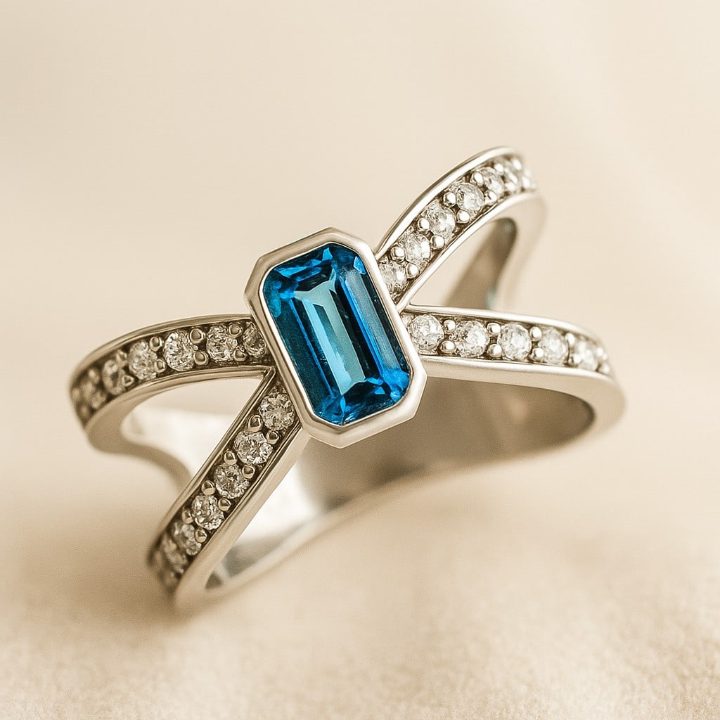 Natural London Blue Topaz Gemstone & Lab Grown Diamonds Silver Ring: Natural London Blue Topaz Gemstone & Lab Grown Diamonds Silver Ring Jewelry Type : Ring Gemstone : Natural London Blue Topaz Gemstone Shape : Emerald Gemstone Size : 6x4 MM Gemstone Quantity : 1 Pi