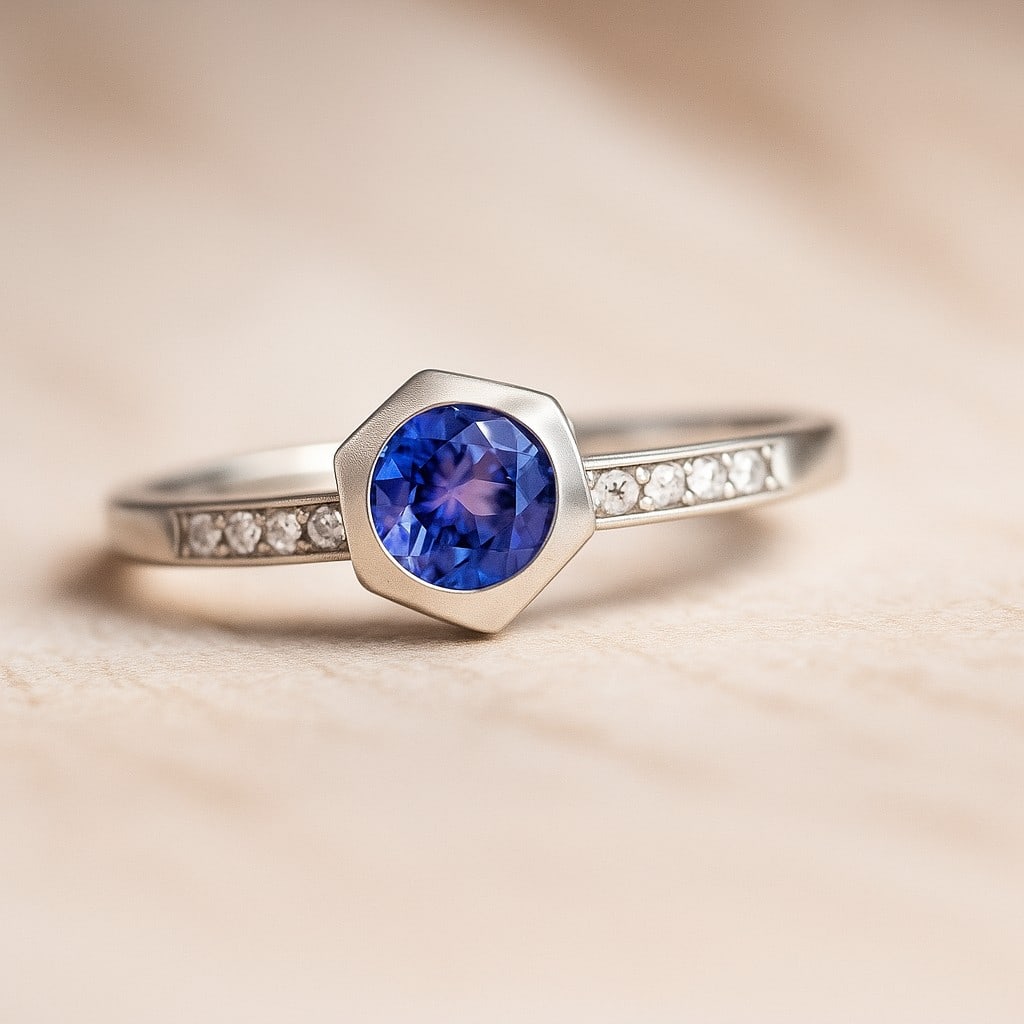 Natural Tanzanite Gemstone & Lab Grown Diamonds Silver Ring: Natural Tanzanite Gemstone & Lab Grown Diamonds Silver Ring Jewelry Type : Ring Gemstone : Natural Tanzanite Gemstone Shape : Round Gemstone Size : 5 MM Gemstone Quantity : 1 Piece Diamond T