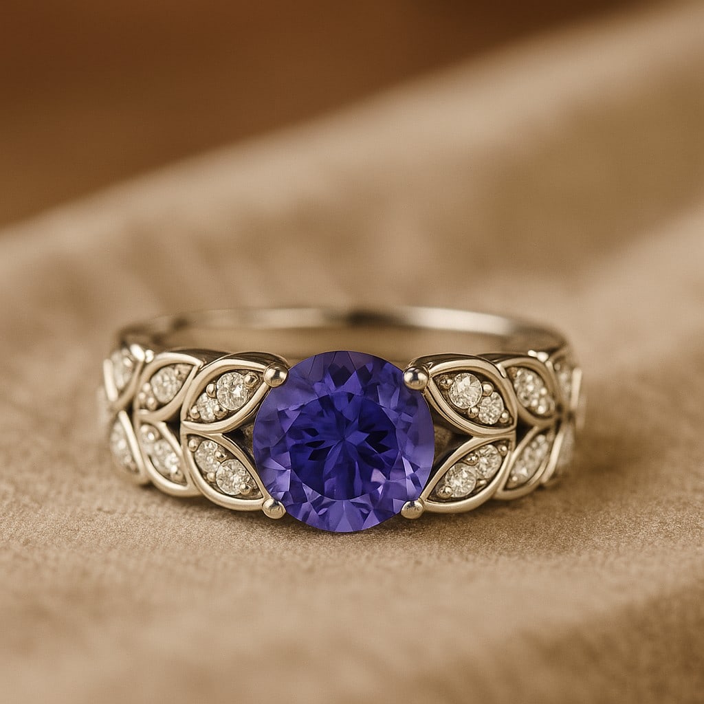Natural Tanzanite Gemstone & Lab Grown Diamonds Silver Ring: Natural Tanzanite Gemstone & Lab Grown Diamonds Silver Ring Jewelry Type : Ring Gemstone : Natural Tanzanite Gemstone Shape : Round Gemstone Size : 7 MM Gemstone Quantity : 1 Piece Diamond T