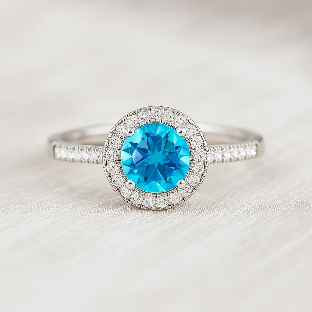 Natural Swiss Blue Topaz Gemstone & Lab Grown Diamonds Silver Ring: Natural Swiss Blue Topaz Gemstone & Lab Grown Diamonds Silver Ring Jewelry Type : Ring Gemstone : Natural Swiss Blue Topaz Gemstone Shape : Round Gemstone Size : 7 MM Gemstone Quantity : 1 Piece