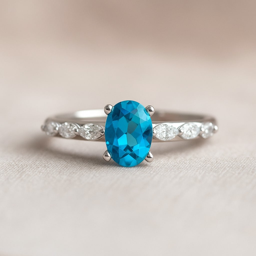 Natural Swiss Blue Topaz Gemstone & Lab Grown Diamonds Silver Ring: Natural Swiss Blue Topaz Gemstone & Lab Grown Diamonds Silver Ring Jewelry Type : Ring Gemstone : Natural Swiss Blue Topaz Gemstone Shape : Oval Gemstone Size : 7x5 MM Gemstone Quantity : 1 Piece</
