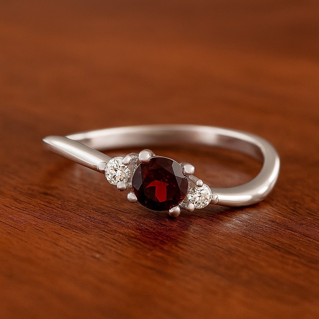 Natural Garnet Gemstone & Lab Grown Diamonds Silver Ring: Natural Garnet Gemstone & Lab Grown Diamonds Silver Ring Jewelry Type : Ring Gemstone : Natural Garnet Gemstone Shape : Round Gemstone Size : 4 MM Gemstone Quantity : 1 Piece Diamond Type :