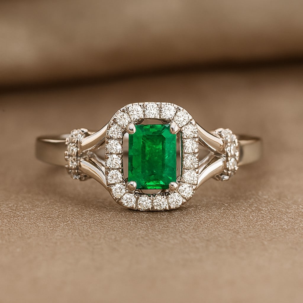 Lab Grown Emerald & Diamonds Silver Ring: Lab Grown Emerald & Diamonds Silver Ring Jewelry Type : Ring Gemstone : Lab Grown Emerald Gemstone Shape : Emerald Gemstone Size : 6x4 MM Gemstone Quantity : 1 Piece Diamond Type : Lab Gr