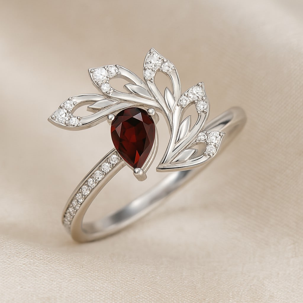 Natural Garnet Gemstone & Lab Grown Diamonds Silver Ring: Natural Garnet Gemstone & Lab Grown Diamonds Silver Ring Jewelry Type : Ring Gemstone : Natural Garnet Gemstone Shape : Pear Gemstone Size : 6x4 MM Gemstone Quantity : 1 Piece Diamond Type :