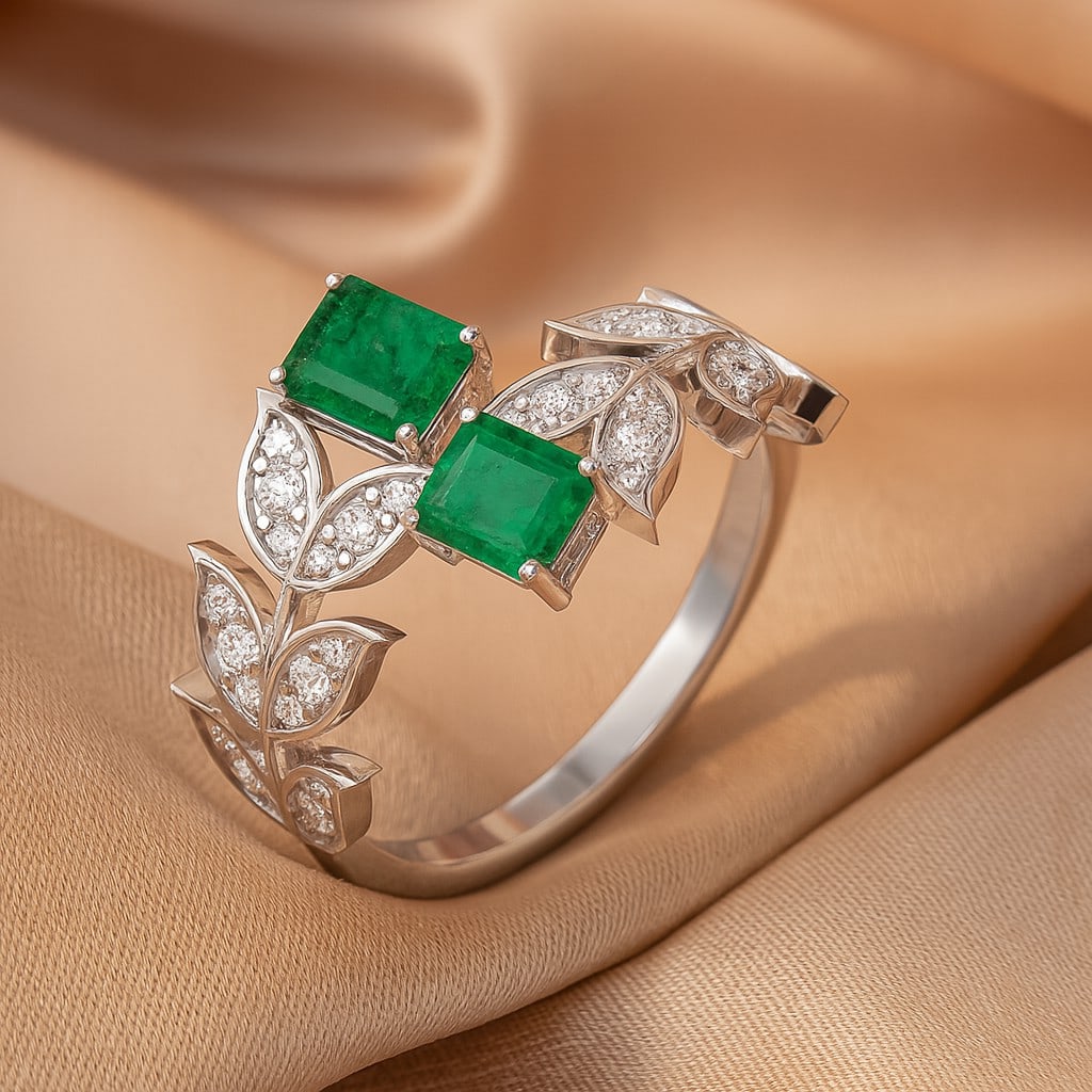 Lab Grown Emerald & Diamonds Silver Ring: Lab Grown Emerald & Diamonds Silver Ring Jewelry Type : Ring Gemstone : Lab Grown Emerald Gemstone Shape : Emerald Gemstone Size : 5x4 MM Gemstone Quantity : 2 Pieces Diamond Type : Lab G