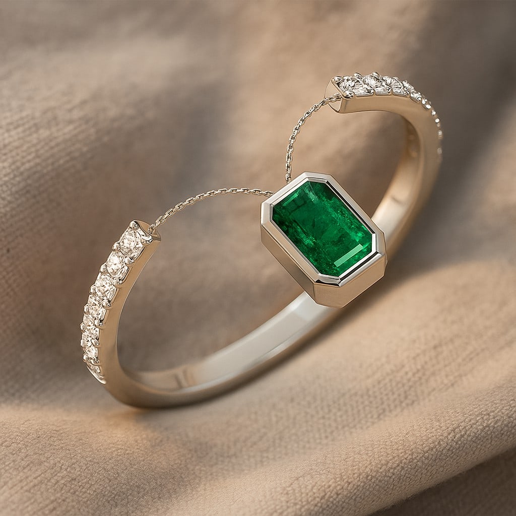 Lab Grown Emerald & Diamonds Silver Ring: Lab Grown Emerald & Diamonds Silver Ring Jewelry Type : Ring Gemstone : Lab Grown Emerald Gemstone Shape : Emerald Gemstone Size : 5x3 MM Gemstone Quantity : 1 Piece Diamond Type : Lab Gr