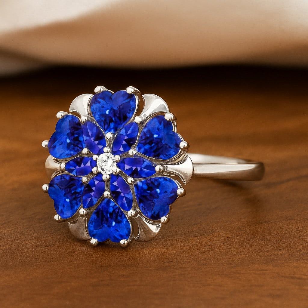 Natural Tanzanite Gemstone & Lab Grown Diamonds Silver Ring: Natural Tanzanite Gemstone & Lab Grown Diamonds Silver Ring Jewelry Type : Ring Gemstone : Natural Tanzanite Gemstone Shape : Heart, Marquise Gemstone Size : 4 MM, 4x2 MM Gemstone Quantity : 12 Pie