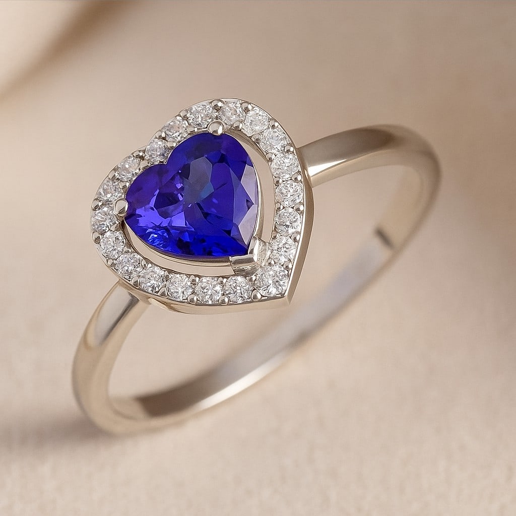 Natural Tanzanite Gemstone & Lab Grown Diamonds Silver Ring: Natural Tanzanite Gemstone & Lab Grown Diamonds Silver Ring Jewelry Type : Ring Gemstone : Natural Tanzanite Gemstone Shape : Heart Gemstone Size : 6 MM Gemstone Quantity : 1 Piece Diamond T
