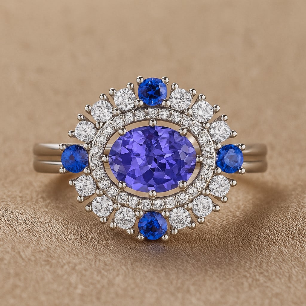 Natural Tanzanite Gemstone & Lab Grown Diamonds Silver Ring: Natural Tanzanite Gemstone & Lab Grown Diamonds Silver Ring Jewelry Type : Ring Gemstone : Natural Tanzanite Gemstone Shape : Oval, Round Gemstone Size : 8x6 MM, 2.5 MM Gemstone Quantity : 1 Piece,