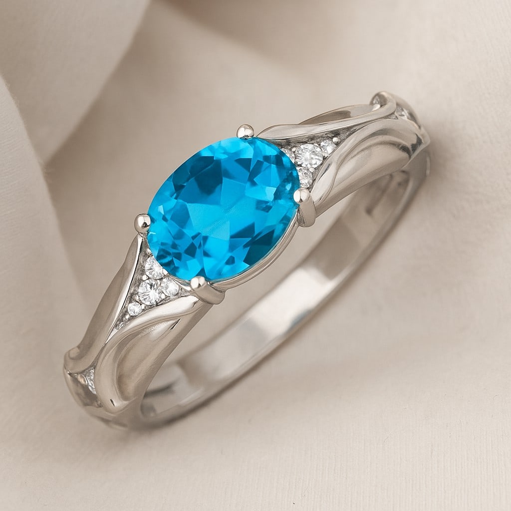 Natural Swiss Blue Topaz Gemstone & Lab Grown Diamonds Silver Ring: Natural Swiss Blue Topaz Gemstone & Lab Grown Diamonds Silver Ring Jewelry Type : Ring Gemstone : Natural Swiss Blue Topaz Gemstone Shape : Oval Gemstone Size : 8x6 MM Gemstone Quantity : 1 Piece</