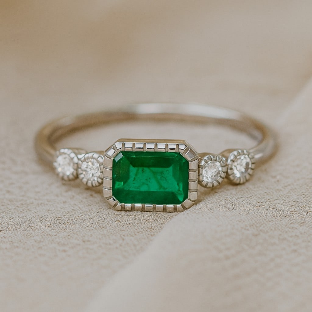 Lab Grown Emerald & Diamonds Silver Ring: Lab Grown Emerald & Diamonds Silver Ring Jewelry Type : Ring Gemstone : Lab Grown Emerald Gemstone Shape : Emerald Gemstone Size : 6x4 MM Gemstone Quantity : 1 Piece Diamond Type : Lab Gr