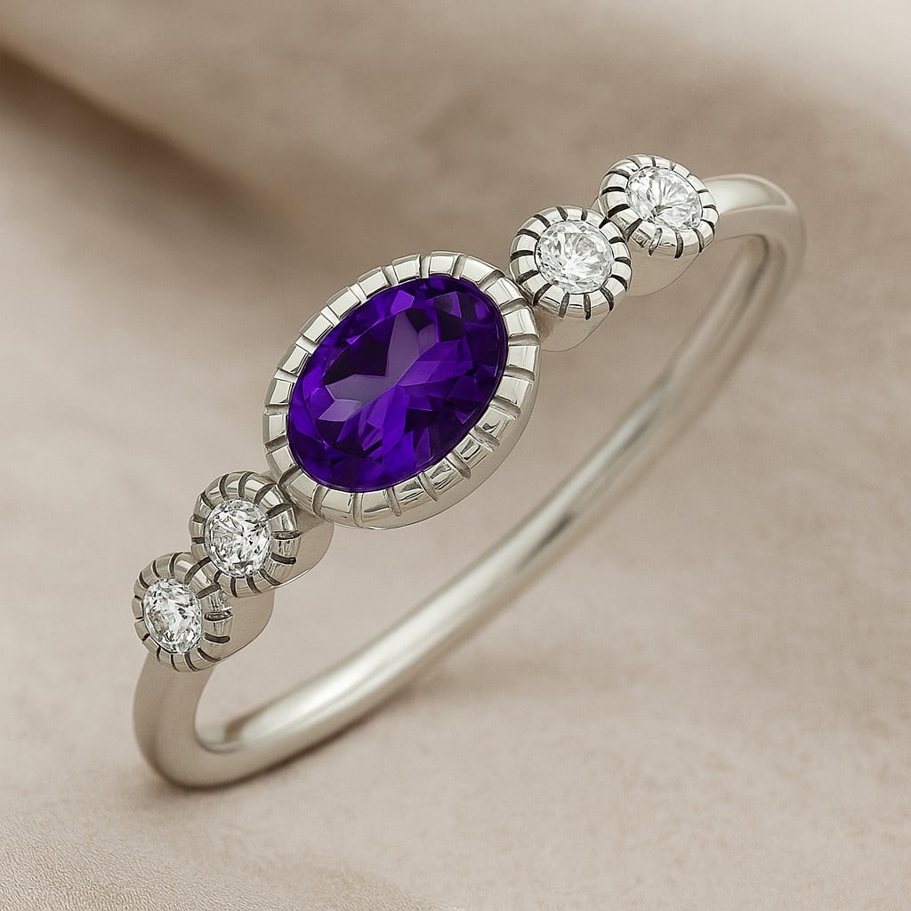 Natural Amethyst Gemstone & Lab Grown Diamonds Silver Ring: Natural Amethyst Gemstone & Lab Grown Diamonds Silver Ring Jewelry Type : Ring Gemstone : Natural Amethyst Gemstone Shape : Oval Gemstone Size : 6x4 MM Gemstone Quantity : 1 Piece Diamond Ty