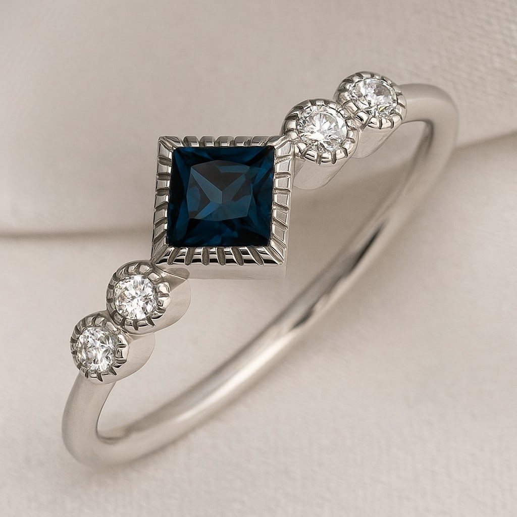 Natural London Blue Topaz Gemstone & Lab Grown Diamonds Silver Ring: Natural London Blue Topaz Gemstone & Lab Grown Diamonds Silver Ring Jewelry Type : Ring Gemstone : Natural London Blue Topaz Gemstone Shape : Princess Gemstone Size : 4 MM Gemstone Quantity : 1 Pie