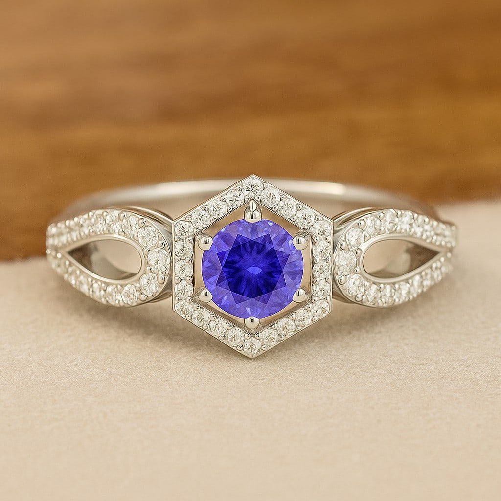Natural Tanzanite Gemstone & Lab Grown Diamonds Silver Ring: Natural Tanzanite Gemstone & Lab Grown Diamonds Silver Ring Jewelry Type : Ring Gemstone : Natural Tanzanite Gemstone Shape : Round Gemstone Size : 5 MM Gemstone Quantity : 1 Piece Diamond T