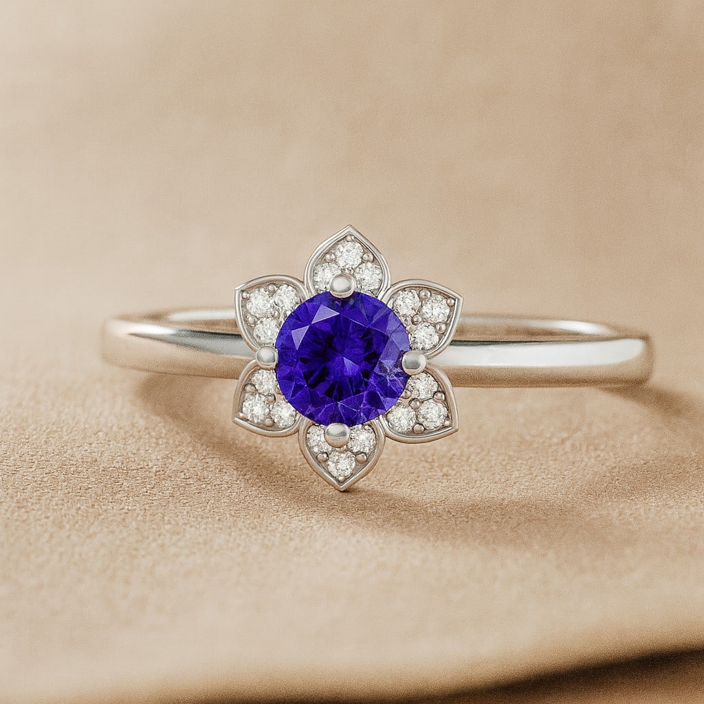 Natural Tanzanite Gemstone & Lab Grown Diamonds Silver Ring: Natural Tanzanite Gemstone & Lab Grown Diamonds Silver Ring Jewelry Type : Ring Gemstone : Natural Tanzanite Gemstone Shape : Round Gemstone Size : 5 MM Gemstone Quantity : 1 Piece Diamond T