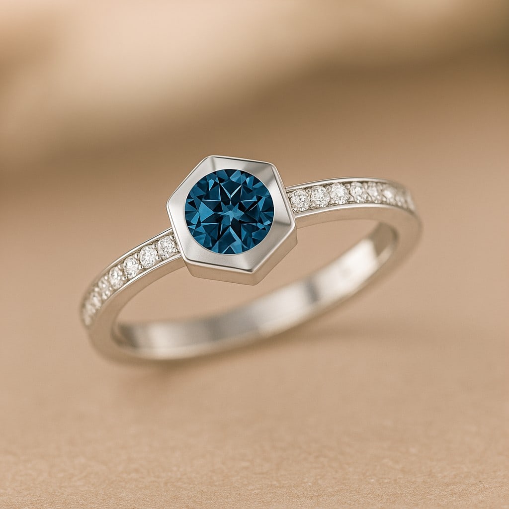 Natural London Blue Topaz Gemstone & Lab Grown Diamonds Silver Ring: Natural London Blue Topaz Gemstone & Lab Grown Diamonds Silver Ring Jewelry Type : Ring Gemstone : Natural London Blue Topaz Gemstone Shape : Round Gemstone Size : 5 MM Gemstone Quantity : 1 Piece<
