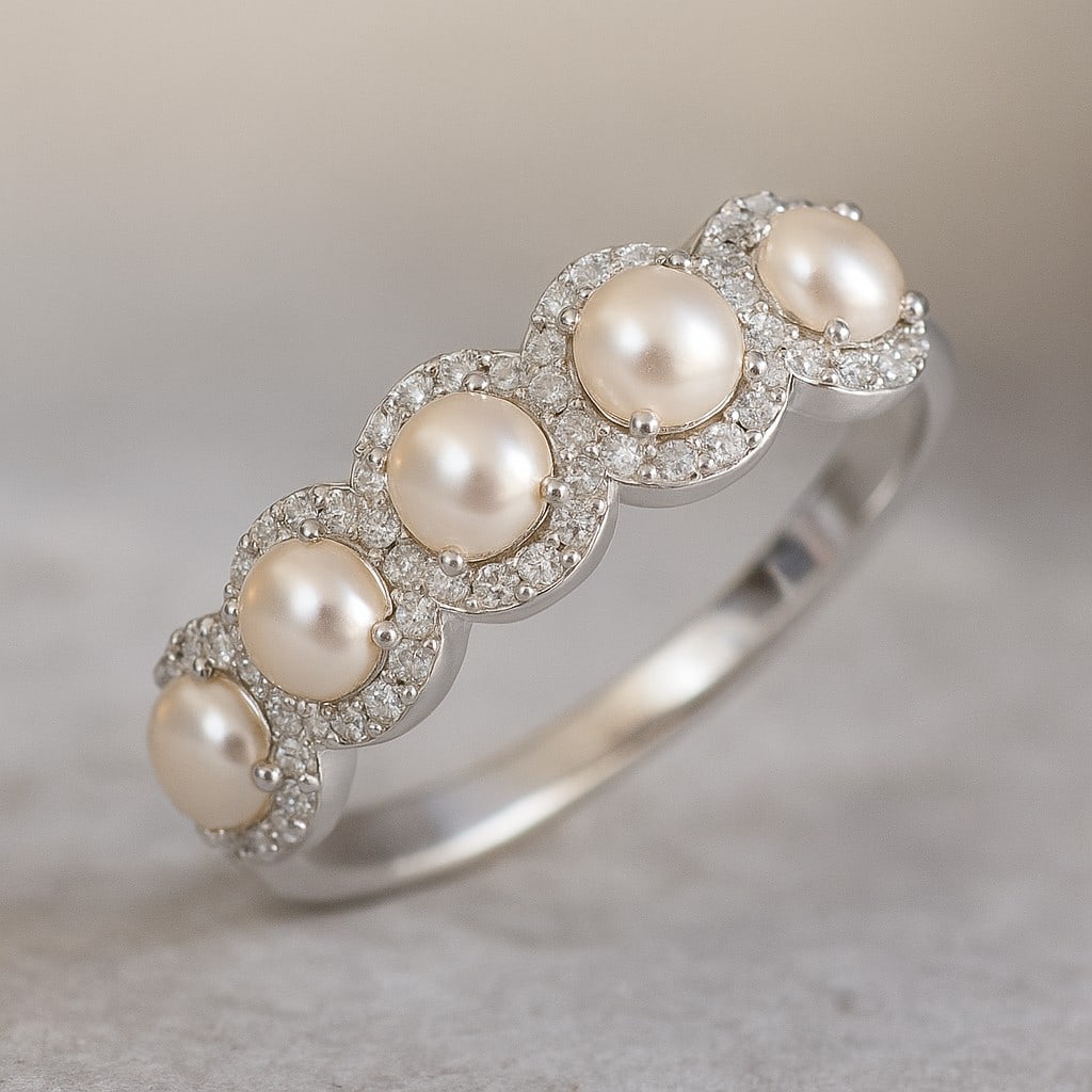 Natural Pearl Gemstone & Lab Grown Diamonds Silver Ring: Natural Pearl Gemstone & Lab Grown Diamonds Silver Ring Jewelry Type : Ring Gemstone : Natural Pearl Gemstone Shape : Round Gemstone Size : 4 MM Gemstone Quantity : 5 Pieces Diamond Type : <