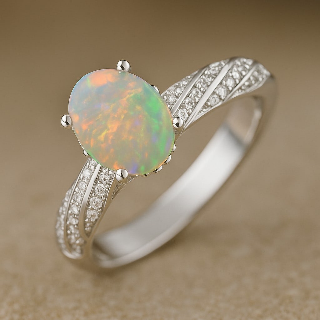 Natural Opal Gemstone & Lab Grown Diamonds Silver Ring: Natural Opal Gemstone & Lab Grown Diamonds Silver Ring Jewelry Type : Ring Gemstone : Natural Opal Gemstone Shape : Oval Gemstone Size : 8x6 MM Gemstone Quantity : 1 Piece Diamond Type :