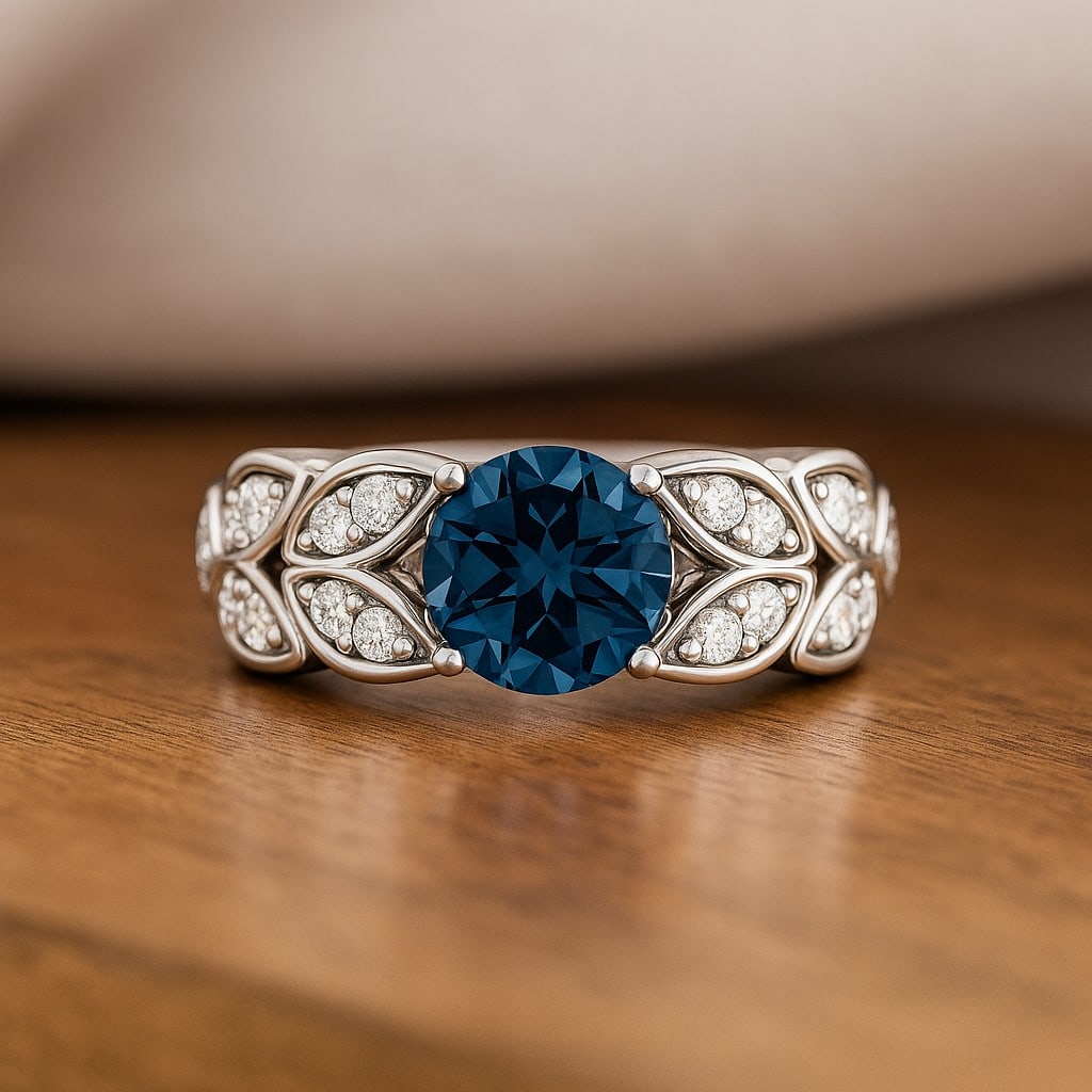 Natural London Blue Topaz Gemstone & Lab Grown Diamonds Silver Ring: Natural London Blue Topaz Gemstone & Lab Grown Diamonds Silver Ring Jewelry Type : Ring Gemstone : Natural London Blue Topaz Gemstone Shape : Round Gemstone Size : 7 MM Gemstone Quantity : 1 Piece<