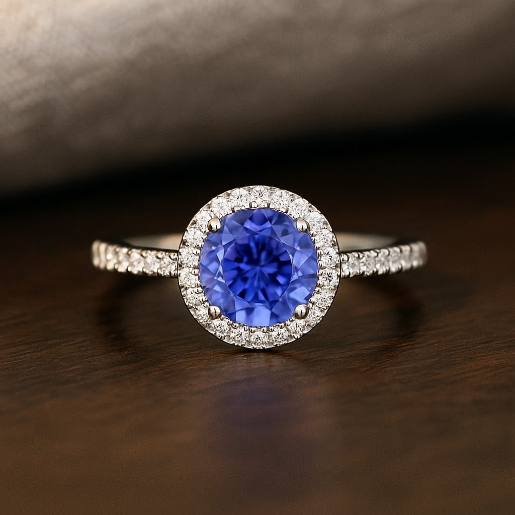 Natural Tanzanite Gemstone & Lab Grown Diamonds Silver Ring: Natural Tanzanite Gemstone & Lab Grown Diamonds Silver Ring Jewelry Type : Ring Gemstone : Natural Tanzanite Gemstone Shape : Round Gemstone Size : 7 MM Gemstone Quantity : 1 Piece Diamond T