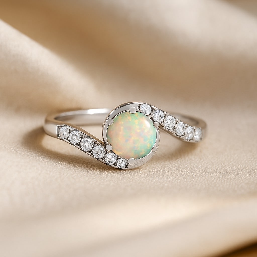 Natural Opal Gemstone & Lab Grown Diamonds Silver Ring: Natural Opal Gemstone & Lab Grown Diamonds Silver Ring Jewelry Type : Ring Gemstone : Natural Opal Gemstone Shape : Round Gemstone Size : 6 MM Gemstone Quantity : 1 Piece Diamond Type : L