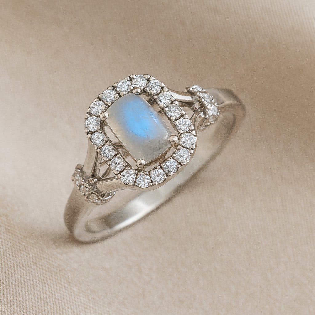 Natural Moonstone Gemstone & Lab Grown Diamonds Silver Ring: Natural Moonstone Gemstone & Lab Grown Diamonds Silver Ring Jewelry Type : Ring Gemstone : Natural Moonstone Gemstone Shape : Emerald Gemstone Size : 6x4 MM Gemstone Quantity : 1 Piece Diamo