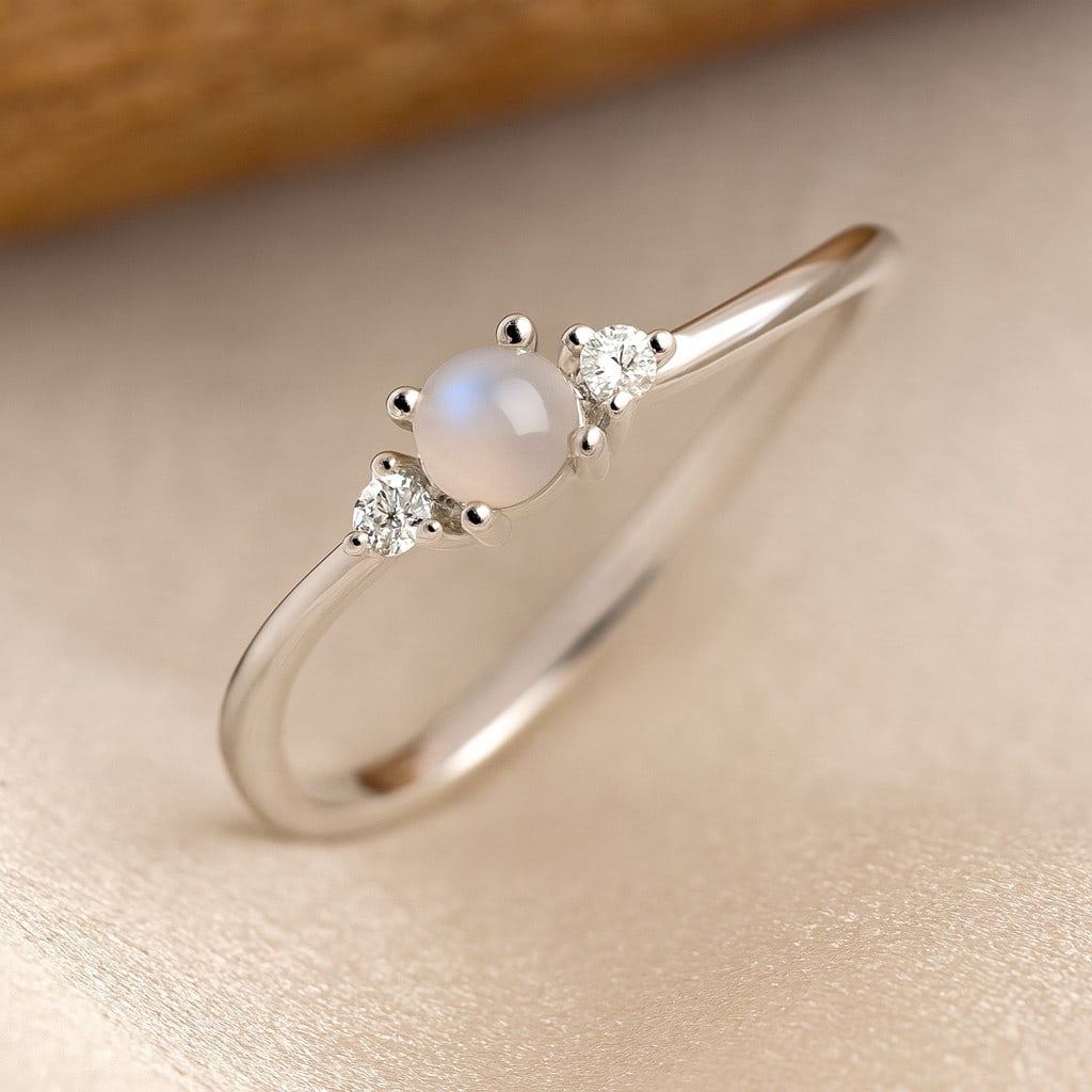 Natural Moonstone Gemstone & Lab Grown Diamonds Silver Ring: Natural Moonstone Gemstone & Lab Grown Diamonds Silver Ring Jewelry Type : Ring Gemstone : Natural Moonstone Gemstone Shape : Round Gemstone Size : 4 MM Gemstone Quantity : 1 Piece Diamond T