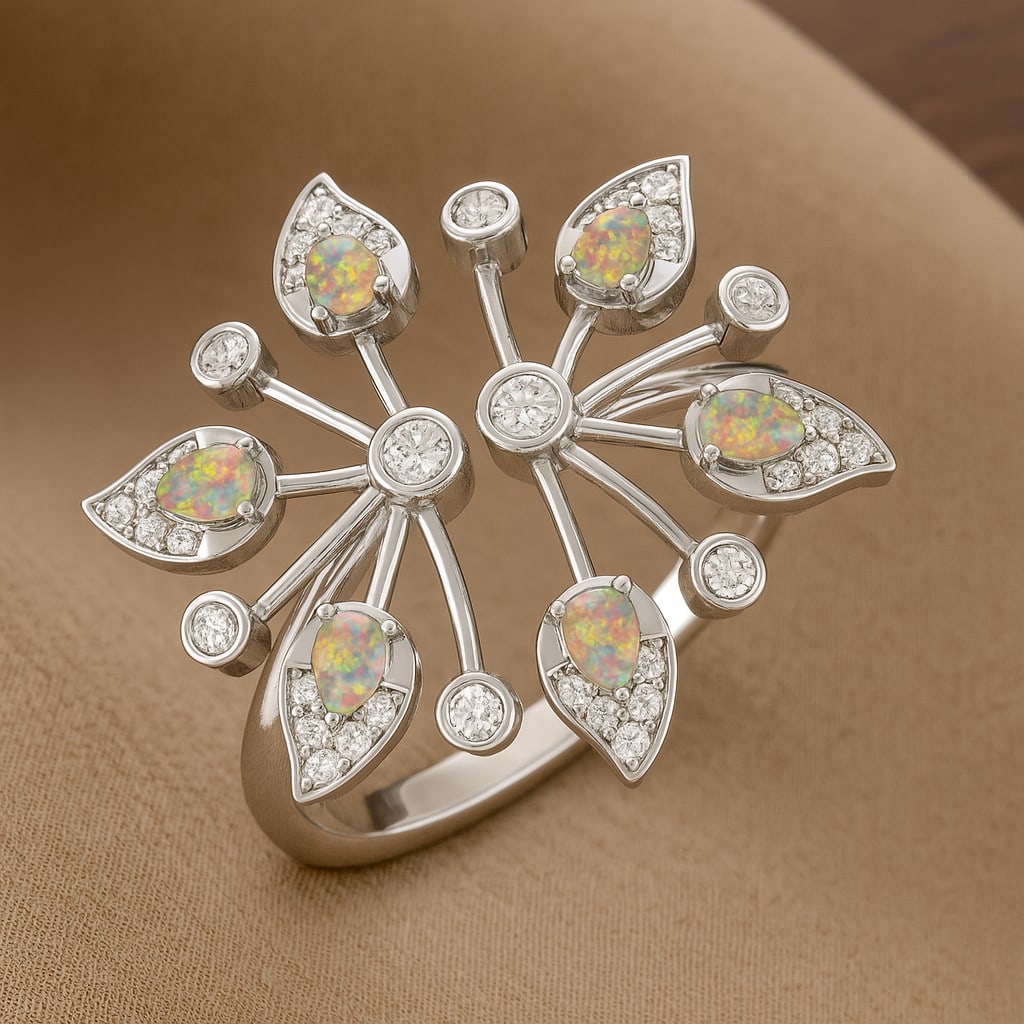 Natural Opal Gemstone & Lab Grown Diamonds Silver Ring: Natural Opal Gemstone & Lab Grown Diamonds Silver Ring Jewelry Type : Ring Gemstone : Natural Opal Gemstone Shape : Pear Gemstone Size : 3x2 MM Gemstone Quantity : 6 Pieces Diamond Type :