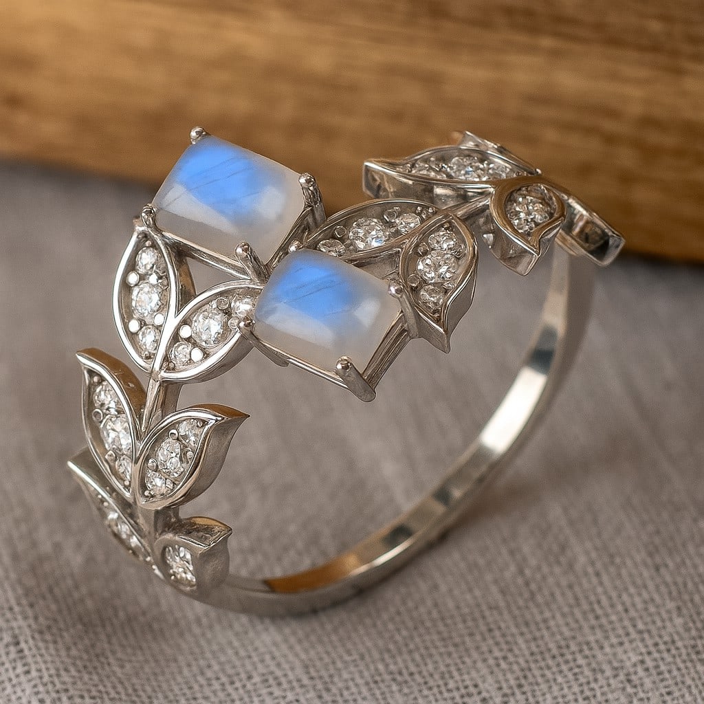 Natural Moonstone Gemstone & Lab Grown Diamonds Silver Ring: Natural Moonstone Gemstone & Lab Grown Diamonds Silver Ring Jewelry Type : Ring Gemstone : Natural Moonstone Gemstone Shape : Emerald Gemstone Size : 5x4 MM Gemstone Quantity : 2 Pieces Diam