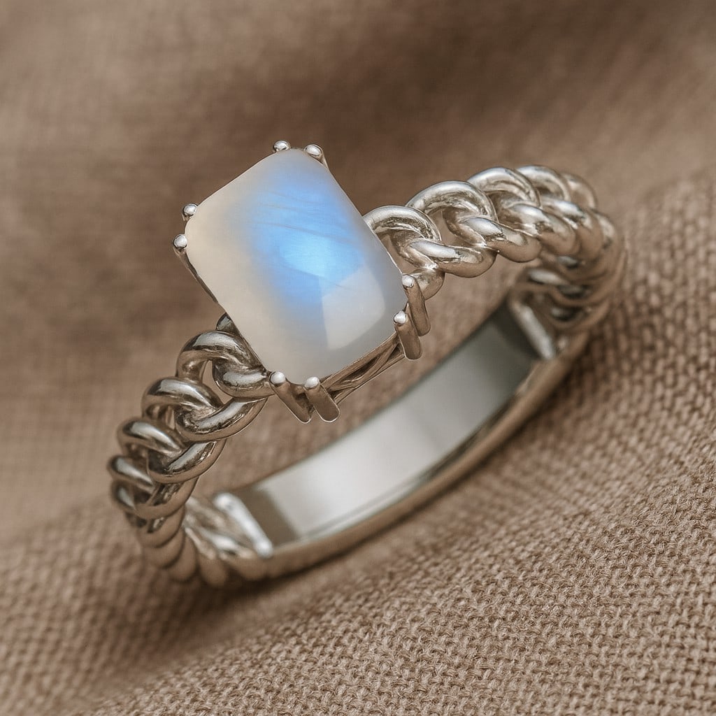 Natural Moonstone Gemstone 92.5 Sterling Silver Ring: Natural Moonstone Gemstone 92.5 Sterling Silver Ring Jewelry Type : Ring Gemstone : Natural Moonstone Gemstone Shape : Emerald Gemstone Size : 8x6 MM Gemstone Quantity : 1 Piece Metal : S