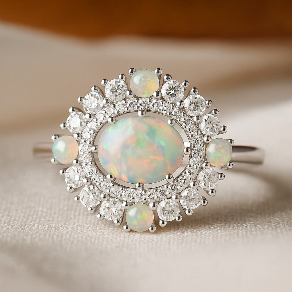 Natural Opal Gemstone & Lab Grown Diamonds Silver Ring: Natural Opal Gemstone & Lab Grown Diamonds Silver Ring Jewelry Type : Ring Gemstone : Natural Opal Gemstone Shape : Oval, Round Gemstone Size : 8x6 MM, 2.5 MM Gemstone Quantity : 1 Piece, 4 Pieces<