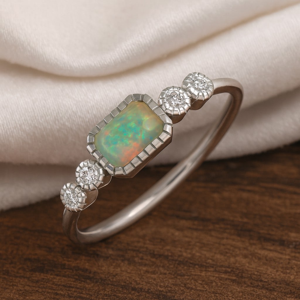 Natural Opal Gemstone & Lab Grown Diamonds Silver Ring: Natural Opal Gemstone & Lab Grown Diamonds Silver Ring Jewelry Type : Ring Gemstone : Natural Opal Gemstone Shape : Emerald Gemstone Size : 6x4 MM Gemstone Quantity : 1 Piece Diamond Type :