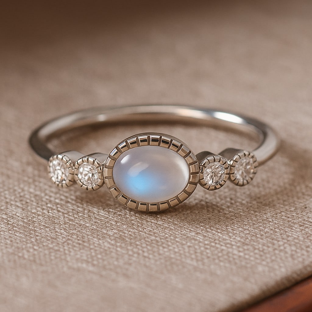 Natural Moonstone Gemstone & Lab Grown Diamonds Silver Ring: Natural Moonstone Gemstone & Lab Grown Diamonds Silver Ring Jewelry Type : Ring Gemstone : Natural Moonstone Gemstone Shape : Oval Gemstone Size : 6x4 MM Gemstone Quantity : 1 Piece Diamond