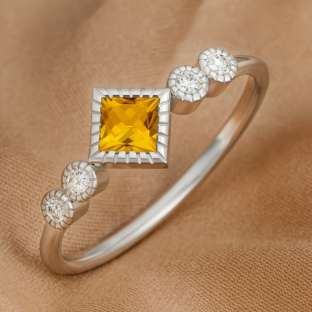 Natural Citrine Gemstone & Lab Grown Diamonds Silver Ring: Natural Citrine Gemstone & Lab Grown Diamonds Silver Ring Jewelry Type : Ring Gemstone : Natural Citrine Gemstone Shape : Princess Gemstone Size : 4 MM Gemstone Quantity : 1 Piece Diamond Ty