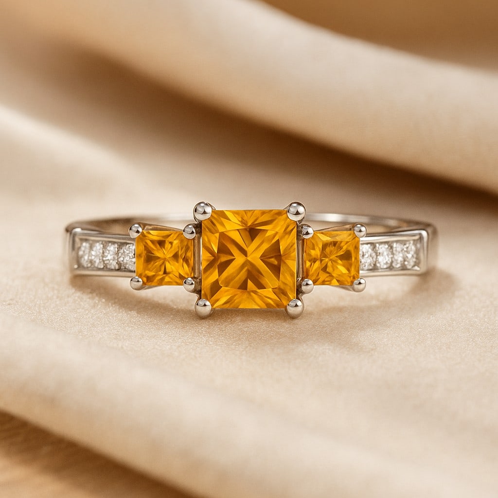 Natural Citrine Gemstone & Lab Grown Diamonds Silver Ring: Natural Citrine Gemstone & Lab Grown Diamonds Silver Ring Jewelry Type : Ring Gemstone : Natural Citrine Gemstone Shape : Princess Gemstone Size : 5 MM, 3MM Gemstone Quantity : 1 Piece, 2 Pieces