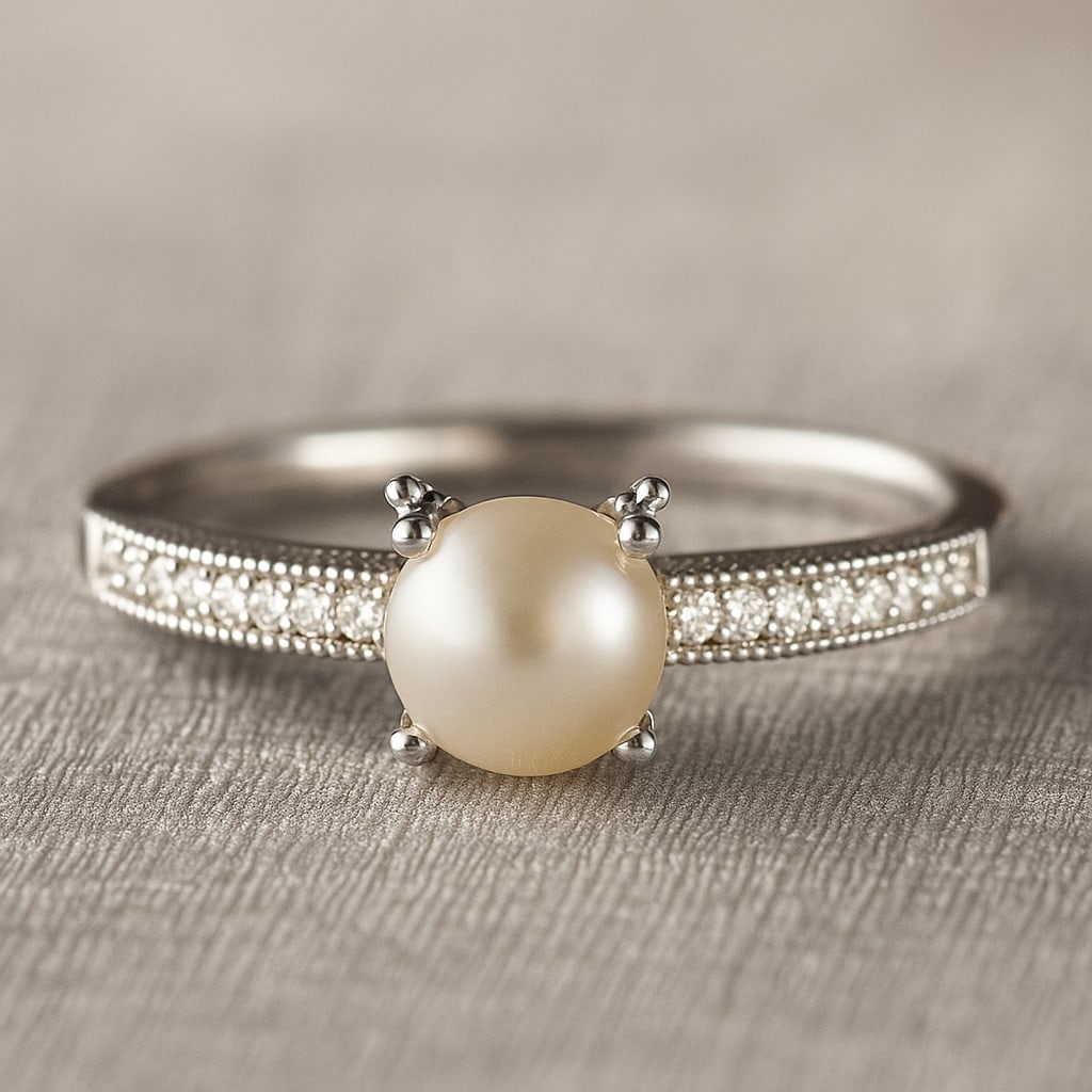 Natural Pearl Gemstone & Lab Grown Diamonds Silver Ring: Natural Pearl Gemstone & Lab Grown Diamonds Silver Ring Jewelry Type : Ring Gemstone : Natural Pearl Gemstone Shape : Round Gemstone Size : 5 MM Gemstone Quantity : 1 Piece Diamond Type :